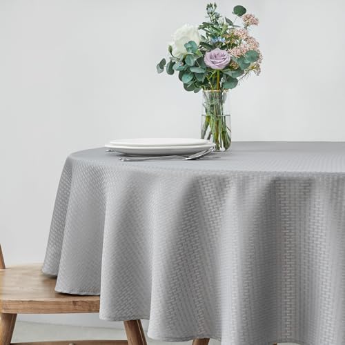 maxmill Round Weaved Texture Design Tablecloth Spill-Proof Wrinkle Free Soft Washable Table Cloth for Circular Table Cover, for Dining Room Buffet Banquet Parties Holiday Dinner, 70 Inch Light Grey