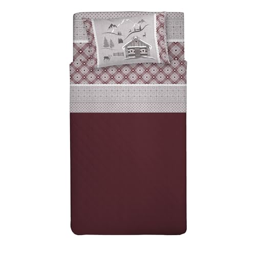 PENSIERI DELICATI 100% Cotton Double Bed Set, 120 x 200 cm, Complete with Bottom Sheet, Top and 1 Pillowcase, Made in Italy, Red Chalet Design