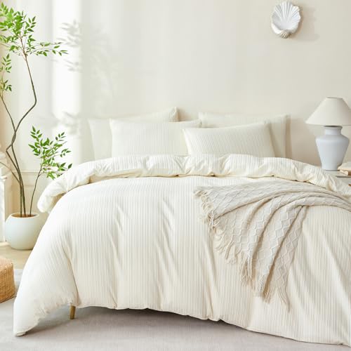 TISPLR Comforter Set Queen Size Beige Striped Soft Luxury Washed Microfiber Jacquard 3 Pieces Bedding, Beige Vertical Ticking Stripes Comforter with 2 Pillowcases Breathable Durable Comfy