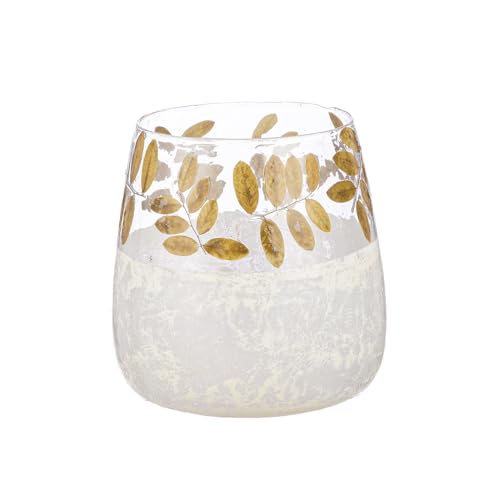 GILDE Foliage Glass Lantern – Conical Leaf Design – Green/White – Height 20 cm x Diameter 19 cm – Candle Light
