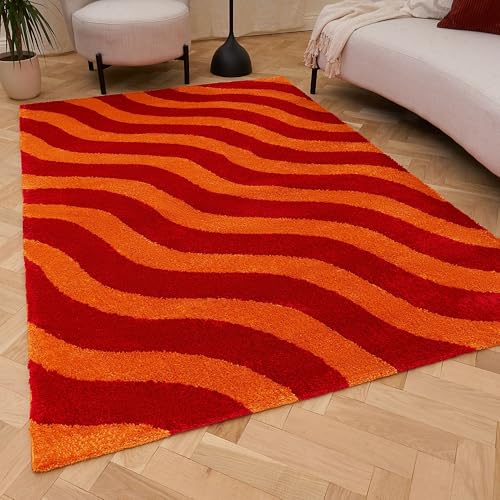 THE RUGS Joli Area Rug - Soft Dense Pile Modern Artistic Design, Durable & Easy Care Carpet for Living Room & Bedroom - Striped Red & Orange, 200 x 290 cm