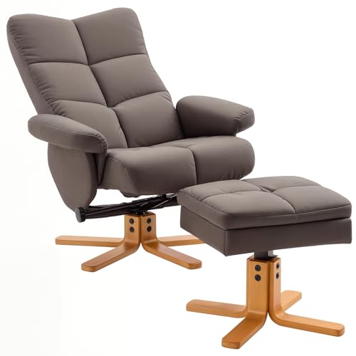 HOMCOM PU Leather Swivel Recliner Chair with Footstool, Wooden Base and Storage for Living Room, Brown