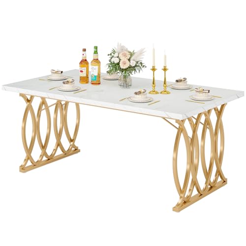 "LITTLE TREE Modern Dining Table for 4-6 People, 63"" Large Rectangular Kitchen Table with Faux Marble Tabletop and Geometric Legs, Unique Dinner Table Kitchen & Dining Room Furniture"