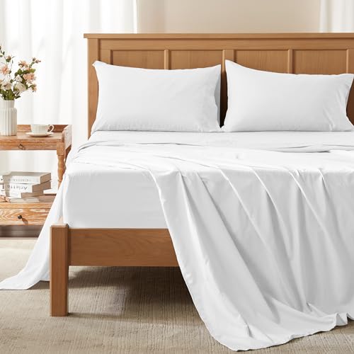 "Comfort Spaces Coolmax Moisture Wicking Sheet Set Soft, Fade Resistant, All Elastic Deep Pocket Fits Up to 16"" Mattress - Warm Weather Cooling Sheets for Night Sweats, Full, White, 4 Piece"