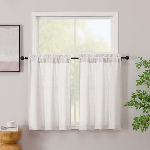 Simplebrand Natural Kitchen Window Curtains Tier 36 Inch Length 2 Panels, Faux Linen Textured Light Filtering Semi Small Cafe Curtains, Farmhouse Rustic Window Treatments Toppers for Bathroom Basement