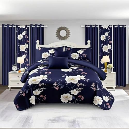 FBLMD 9 Pieces Bedspread Bedding Set with Matching Curtains,Cal King Size,Navy Blue and White Flower,Coverlet Quilted Bed Throw,Bedcover,Machine Washable,Gift for Wedding and Fastival