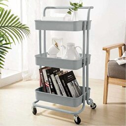 BAKAJI Metal Kitchen Trolley Trolley with 3 Plastic Shelves and 4 360 Degree Swivel Casters with Brake Trolley Space Saving Home Kitchen Furniture Size 32.5 x 75 x 25 cm Modern (Grey)