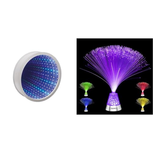 Playlearn White Infinity Mirror - Light Up Sensory White Mirror 25cm Multi-Colour 42-LED & Fibre Optic Colour Changing Lamp, Crystal Filled Base - 4 Colours Battery Operated