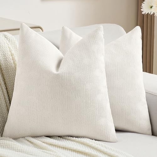 FUTEI Cream White Chenille Decorative Throw Pillow Covers 20x20 Inch Set of 2,Soft Cozy Striped Geometric Patterns Cushion Cases,Modern Home Decor for Couch Bed Living Room