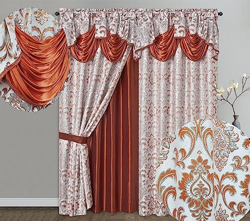 "GOHD Samba Star. Jacquard Window Curtain Panel Drape with Attached Fancy Valance and Taffeta Backing. 2pcs Set. Each pc 54"" Wide x 90"" Drop with 18"" Valance. (Rust)"