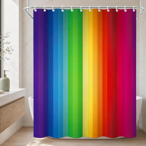 TheBlackSpot Colorful Shower Curtain Rainbow Stripe Theme Cloth Fabric Bathroom Decor Sets with Hooks Waterproof Washable Blue Red and Yellow (70W x 80L)