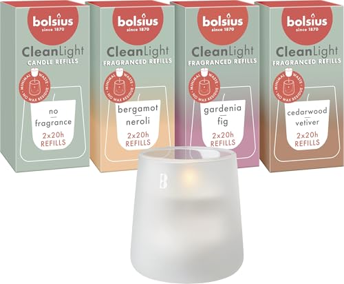 Bolsius - CleanLight Starter Set - Refillable Scented Candle - Holder & 9 Refills - Multiple Fragrances - White - Burn Time 20 Hours - Natural Plant Wax - Sustainable Concept