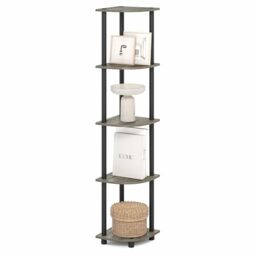 Furinno TURN-N-TUBE Corner Shelf, 5-Tier Corner Bookshelf, Open Storage Shelves, for Organization and Storage, Living Room, Home Office, Garage, Bedroom, Grey Oak