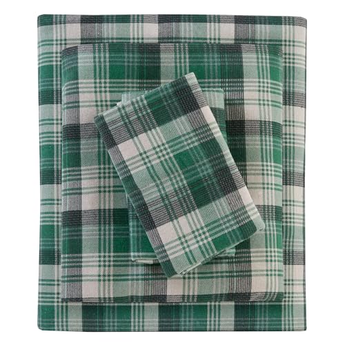 "WOOLRICH Cotton Sheet Set Cottage Charms Print, 100% Cotton Flannel Sheets Warm & Fuzzy Bedding Set Queen Size Sheets, Fitted Pocket Fits Up to 14"" Mattress, Queen Green Plaid, 4 Piece"