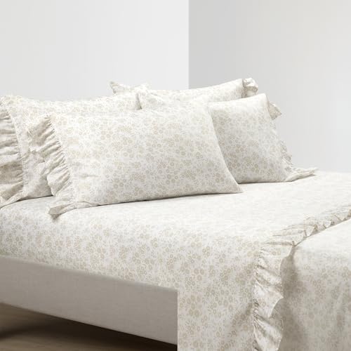 Lush Decor Garden of Flowers Ruffle 6 Piece Sheet Set, Full, Neutral & White