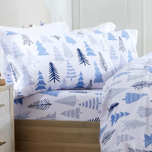 Market & Place 100% Turkish Cotton Flannel Sheet Set - 3 Piece Deep Pocket Novelty Cozy Winter Bed Sheets - Double Brushed for Extra Softness & Comfort - Alpine Collection (Twin, Blue Forest)