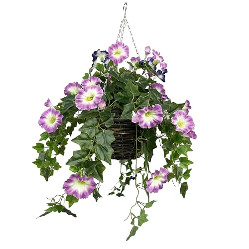 GreenBrokers Artificial Pink & Purple Petunia Round Rattan Hanging Basket with Ivy Vine (30cm)
