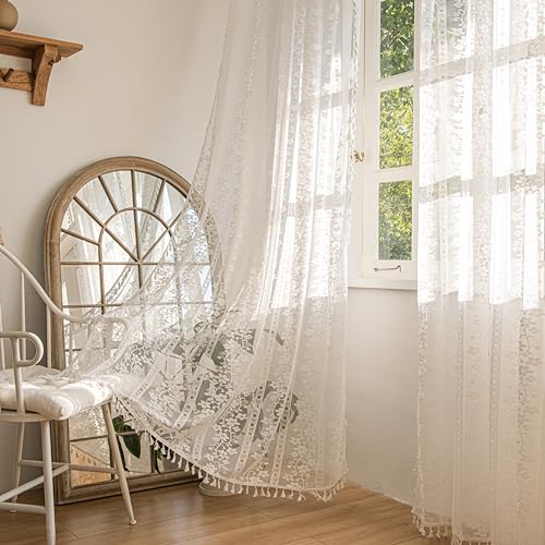 "Sutuo Home Boho Curtains 2 Panels 96 Inches for Living Room, Window Treatments Bohemian Sheer Crochet Lace Vintage Drapes Pair, Country White Florals Knitted Handmade Tassels Rod Pocket, 52"" x 96"""