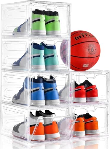 "INSTY 6 Pack Modern/Functional Transparent Plastic Shoe Storage Box, Shoe Organizer with Magnetic Door, Stackable, Fits up to US Size 12 (13.4"" x 9.8"" x 7.1"")"