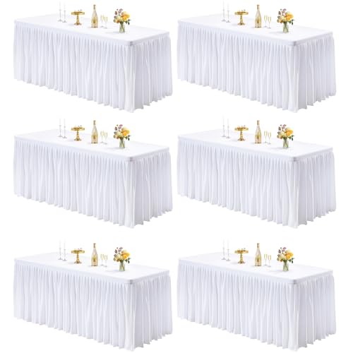 PARTISKY 6 Pack White Tablecloths for Rectangle Tables 8ft, Wrinkle Resistant White Table Cover Fitted Stretch Table Cloth with Pleated Ruffle Skirts for Party Banquet Dining Birthday Wedding