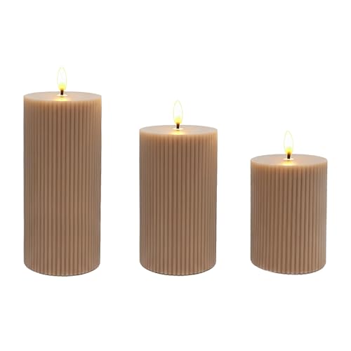 Relaxdays LED candles, 3-piece set, 3 sizes, flickering flame, real wax, grooves, flameless LED, mocha-mousse