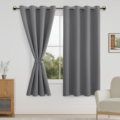 DWCN Grey Blackout Curtains for Bedroom - 52 x 63 Inches Length - Room Darkening Thermal Insulated Grommet Top Window Curtains for Living Room with Tiebacks, 2 Drape Panels