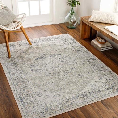 Livabliss Titaf Machine Washable 200x275 cm – Vintage Boho Look, Traditional Pattern, Easy-Care Washable, Perfect for Living Room, Dining, Kitchen, Hallway, Outdoor – Grey, Olive, Blue, Ivory