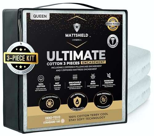 MATTSHIELD New Ultimate 3-Piece Kit - Bed Bug-Proof Mattress Cover Queen Size 100% Cotton Top + 2 Pillow Protectors with Zipper - 6 Sided Waterproof Encasement, Best Bedbug Defense