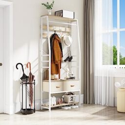 YITAHOME Coat Stand with Shoe Storage Bench, Hall Tree with Drawers, Oak