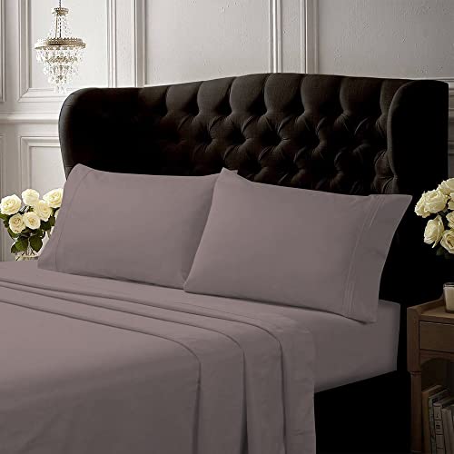 Tribeca Living Queen Bed Sheet Set, Crisp and Smooth Cotton Percale Solid Sheets and Pillowcase Set, Extra Deep Pocket, 300 Thread Count, 4-Piece Luxury Bedding, Grey