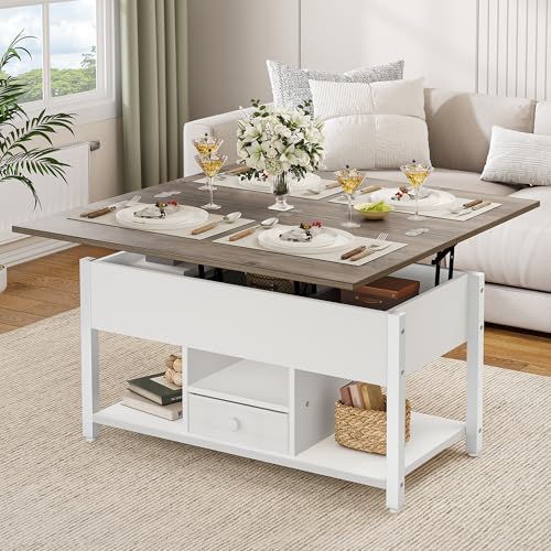 YITAHOME Lift Top Coffee Table With Drawers, 4 in 1 Multi-Function Liftable Table With Storage Space, Converts to Dining Table for Living Room Dining Room, White & Gray