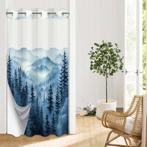 "Forest Hookless Shower Curtain with Snap in Liner, Nature Mountain No Hook Double Layer Shower Curtain and Liner Set, Ringless with Window Waterproof Cloth Fabric, 60"" W x 74"" L"