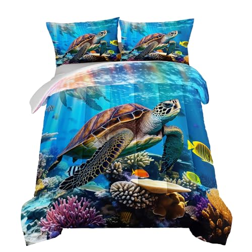 HOSIMA Coastal Beach Themed Bedding Set,Retro Turtle Comforter Queen Size for Kids Teens Boys Girls Room Decor,Underwater World Coral Fish Printed Bedding Set with 2 Pillowcases.