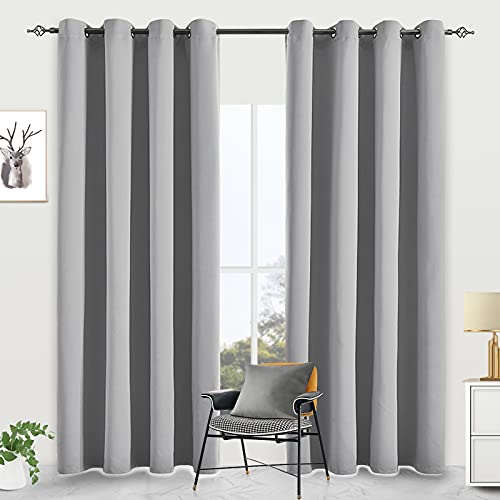 JSFLY Blackout Curtains for Bedroom 2 Panels 52 W x 72 L Long Light Gray - Thermal Insulated Light Blocking Room Darkening Curtains Solid Grommet Window Drapes for Living room