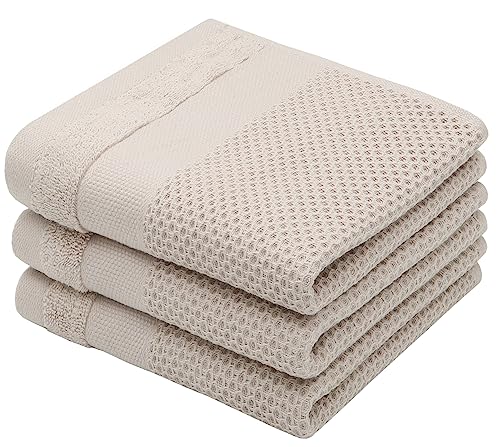 Mia'sDream Cotton Hand Towels Bath Towels Set, 13???x 28???, 3 Pack, Khaki - Soft Face Towels Hand Towels for Bathroom &Kitchen, Absorbent Cotton Dish Towels For Kitchen Drying, Waffle Kitchen Towels