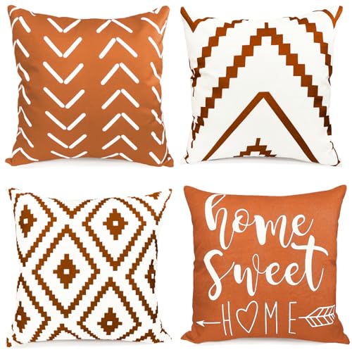 RYSMIYOU Decorative Boho Farmhouse Throw Pillow Covers 16x16 inch Set of 4 - throw pillow cases Linen Square Pillow Cases,Farmhouse Outdoor Modern Geometric Pillow Covers for Couch Sofa Living Room