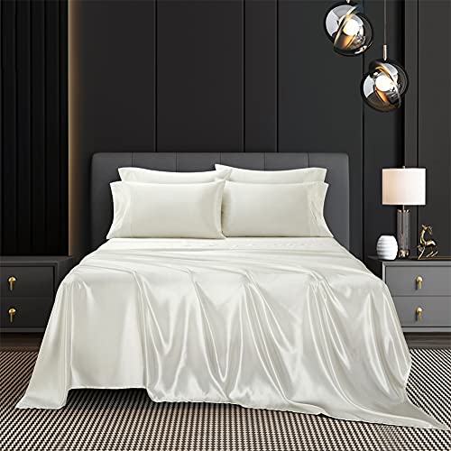 AiMay Duvet Cover Sets Satin Jacquard Rich Silk 100% Luxury Super Soft Microfiber with Zipper Closure Fashion Color with Elegant Silver Pattern Comfor (White, Queen 4PC)