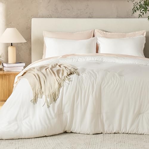 Andency Ivory Full Size Comforter Set, 3 Pieces Cream Boho Solid Reversible Bed Comforter, All Season Lightweight Soft Microfiber Bedding Comforter Set for Girls, Women, Adults