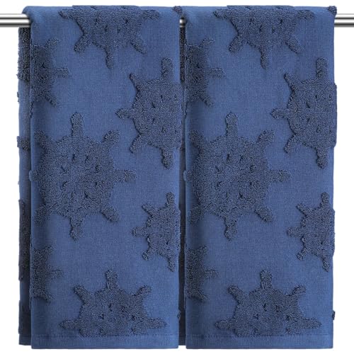 SmoothNovelty 2 Pcs Nautical Hand Towels for Bathroom 100% Cotton Jacquard Weave Bath Towel Set Soft Absorbent Dish Washcloth for Bathroom Kitchen Coastal Theme Gifts 13.8 x 29.5 Inch (Navy Blue)