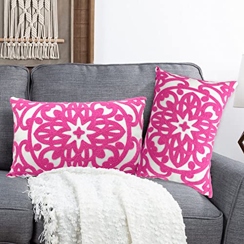 Alysheer Set of 2 Decorative Lumbar Throw Pillow Covers 12x20 Inch Boho Mandala Pattern Cotton Boho Accent Cushion Case for Sofa Couch Bed Living Room (Hot Pink)