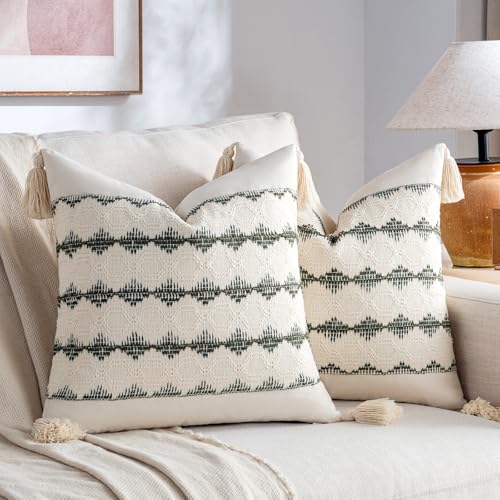Fancy Homi Set of 2 Boho Olive Green Decorative Throw Pillow Cover 18x18 Inch for Couch Bed Sofa, Aesthetic Organic Farmhouse Home Decor, Soft Cute Accent Macrame Woven Cushion Case with Tassels
