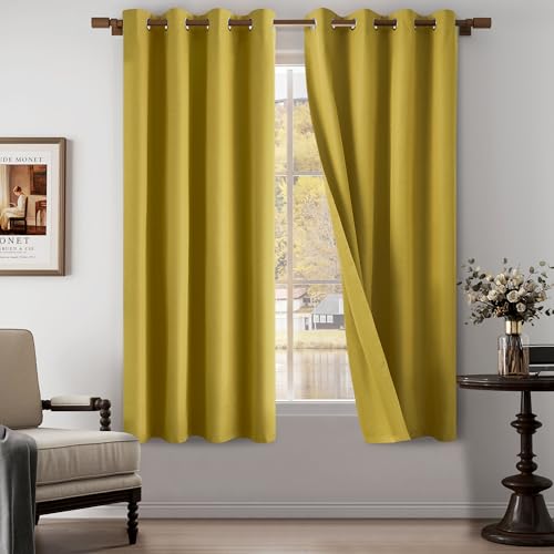 "OYRING 100% Blackout Linen Textured Curtains for Children's Room, Bedroom, Light Weight Curtains with Grommets Top, Full Blackout Curtains Privacy Protection, Gold, 52"" W x 63"" L, 2 Panels"