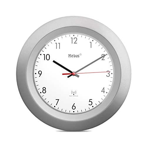 Mebus Radio Controlled Wall Clock, Classic Model, Silver Frame, White Dial, 29 cm Diameter, Round, Radio Controlled Clock (DCF77), Model: 19448, Colour: Silver, White