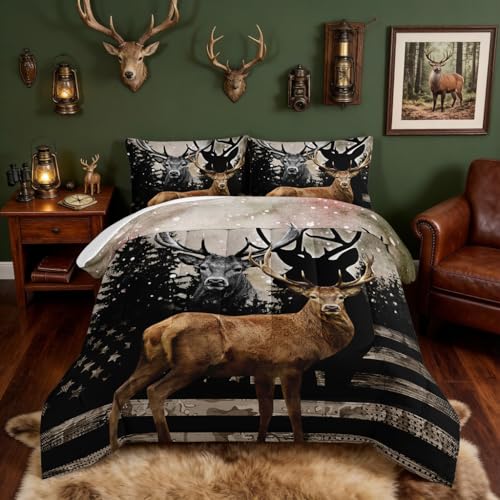 HOSIMA Snowy Forest Deer Comforter Set with 2 Pillowcases,Camo American Flag Twin Bed in a Bag Hunting Bedding Set for Teen Mens Bedroom Essentials,Wildlife Elk Comforter Boys Room Decor.
