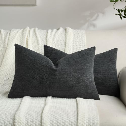 FUTEI Black Chenille Throw Pillow Covers 12x20 Inch Set of 2,Luxuriously Soft Argyle Textured Lumbar Pillow Cases,Modern Home Decor for Couch Living Room