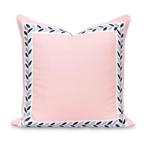 "Hofdeco Premium Coastal Patio Indoor Outdoor Throw Pillow Cover Only, 20""x20"" Water Repellent for Backyard, Couch, Blush Pink Embroidered Frame Leafs with Piping"