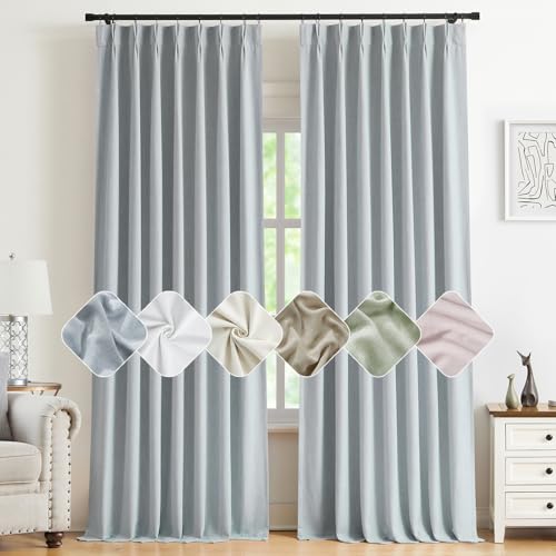 "Kayne Studio Blue Gray Pinch Pleated Full Blackout Curtains 90 Inch, Linen Blend Thermal Insulated Soundproof Room Darkening Back Tab Window Drapes with Hooks for Living Room Bedroom(2 Panels,40""x90"")"