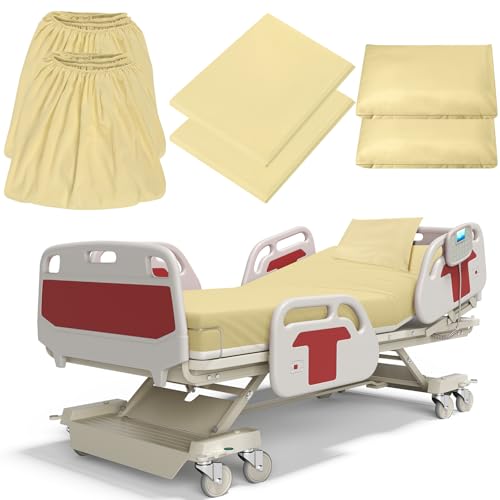 Moukeren 6 Pcs Hospital Bed Sheets for Home Use Extra Long Hospital Bed Fitted Sheets Sets 36 x 84 x 14 Inches Included Quilt Cover and Pillow Case (Beige)