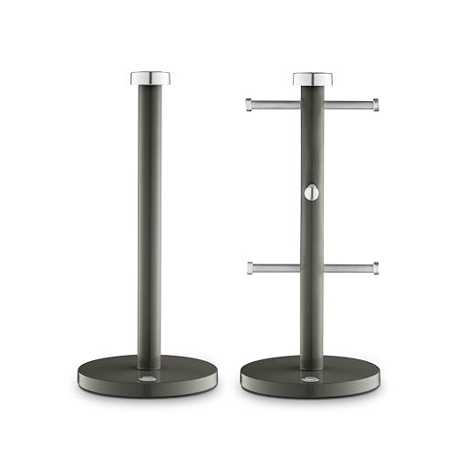 Swan Townhouse Kitchen Towel Pole and 6 Mug Tree Set with Colour Coated Iron, Chrome Accents and Weighted Bases, Graphite Grey
