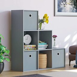 Vida Designs Durham Staircase Bookcase Shelves Storage Organiser Living Room Furniture (6 Cube & 3 Grey Baskets, Grey)